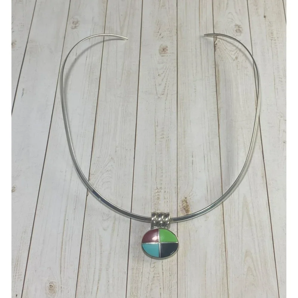 Vintage 925 Choker Necklace Multi Gemstone Pendant Modernist 15 inches - Picture 1 of 7